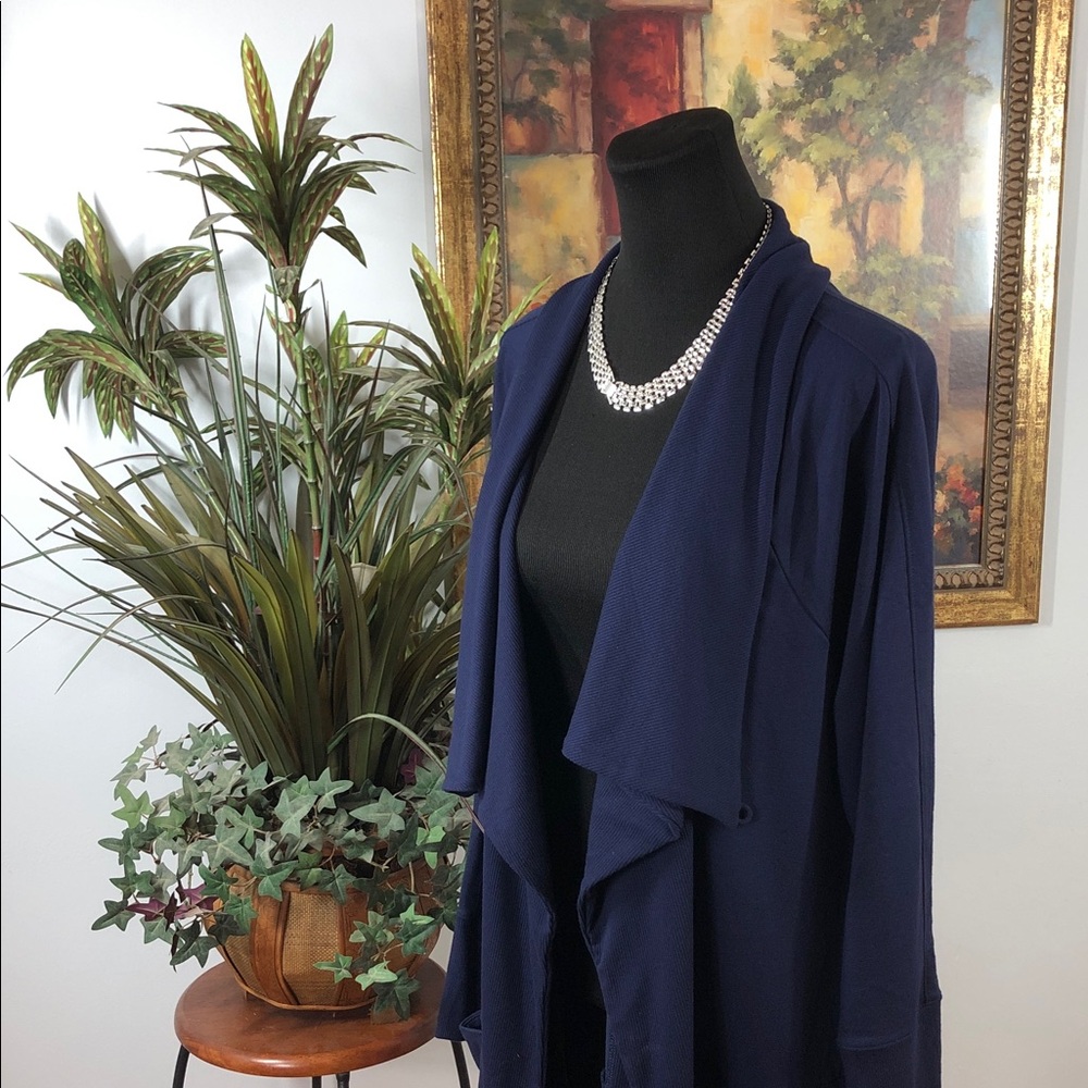 Chico’s Synergy Navy Women's Wrap Cadigan Blue Long Sleeve One Button Lagenlook - Picture 6 of 16